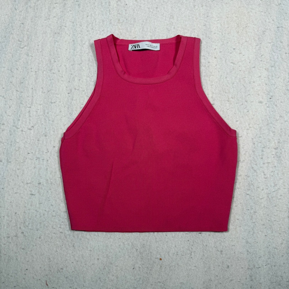 Zara Pink Ribbed Knit Crop Tank Top Sleeveless High Neck Medium